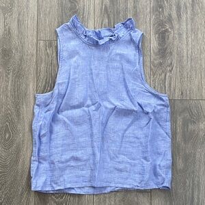 J. Crew - NWT! 100% Linen Blue Sleeveless Ruffle Neck Tank Top - Size S